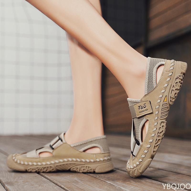 Sandals For Men Casual Summer Mesh Handmade Slip on Outdoor Leather Male Shoes Luxury Design Closed Toe Hiking Slippers