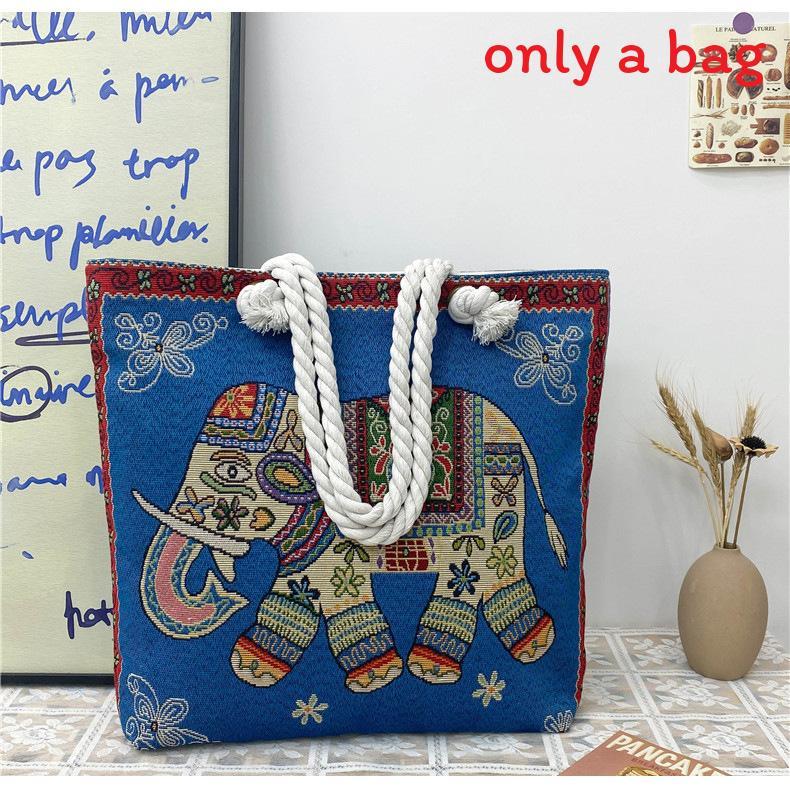 Ethnic Style Elephant Embroidered Canvas Shoulder Bag With Cotton Rope Strap For Casual Travel