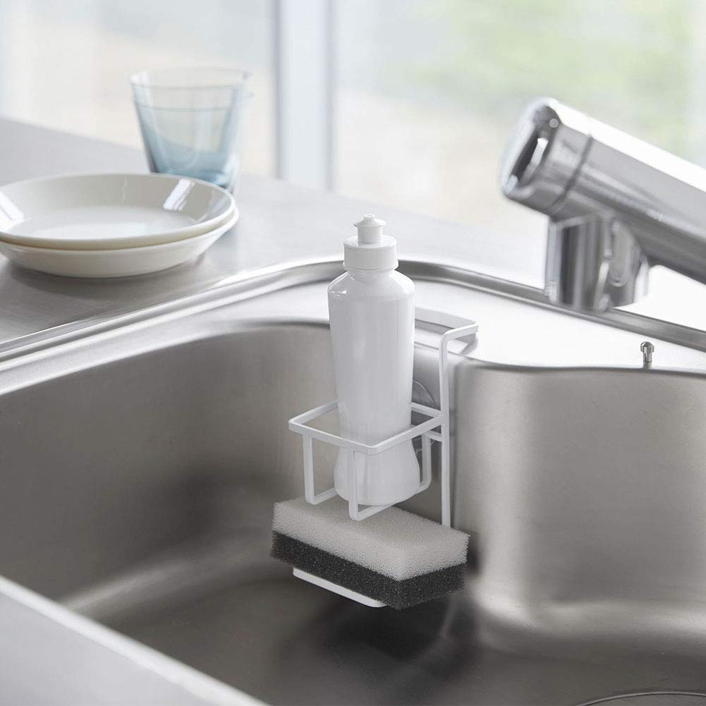 Yamazaki Suction Cup Sponge Bottle x D10 x Tower Sponge Holder with 4774 & Holder, White, Approx. W6.5 H15cm, Non-Slip Ricon,