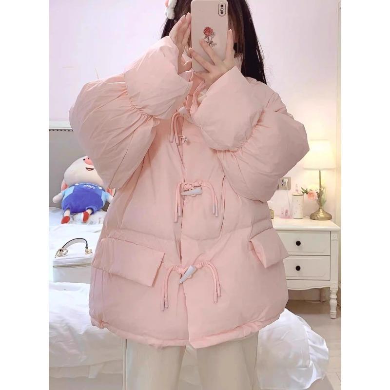 Fashionable Horn Button Winter Coat with Thickened Cotton for Women