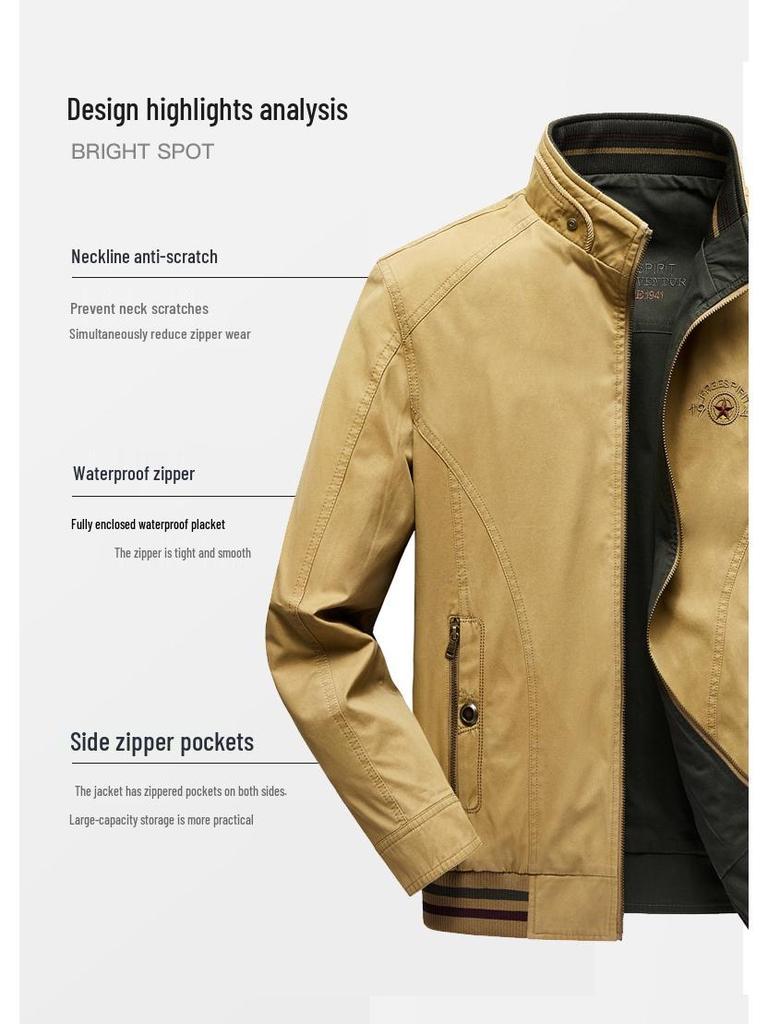 Men's Double-Sided Pure Cotton Jacket - Stand Collar, Loose Fit, Business Casual for Spring and Autumn.