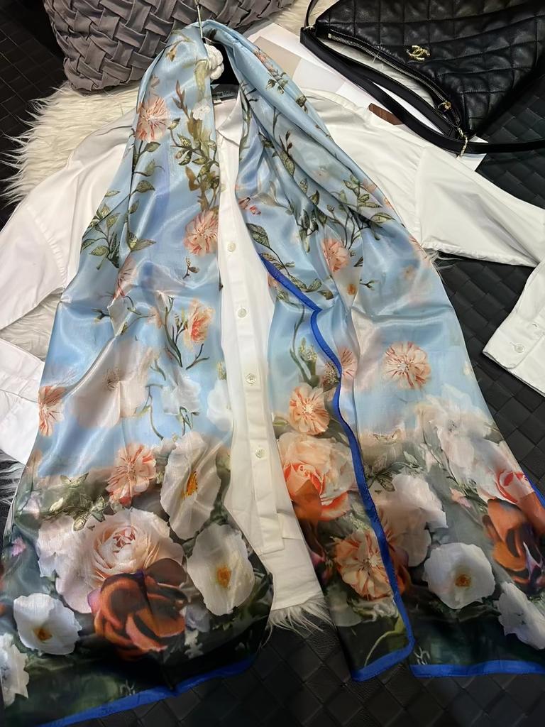 Chinese Rose 100% Silk Scarf Shawl Women Spring Fall Long Scarves Bufanda Summer Beach Shawls Foulard Elegant Winter Blue Scarf