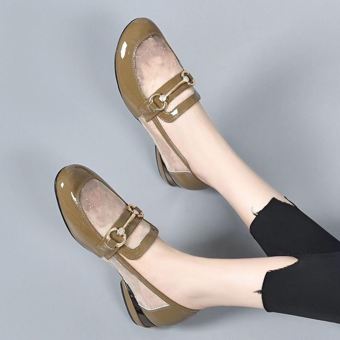 

Сетчатые туфли-лодочки из мягкой кожи 2025 новые полые на низком каблуке женские летние туфли на плоской подошве с мягкой подошвой сетчатые маленькие кожаные туфли 41 зелёный