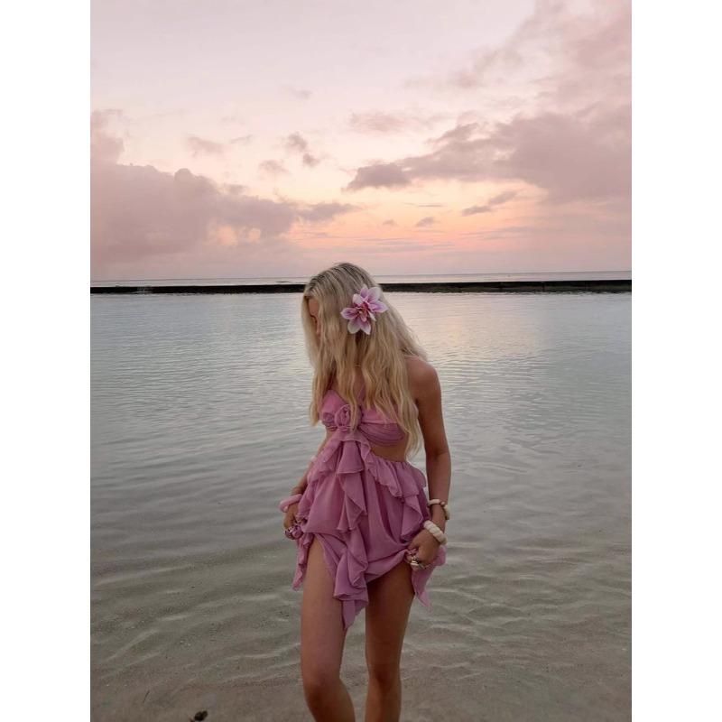 Spring/Summer Corsage Lace Fashion Pleated Strapless Dress Beach Vacation Mini Dress
