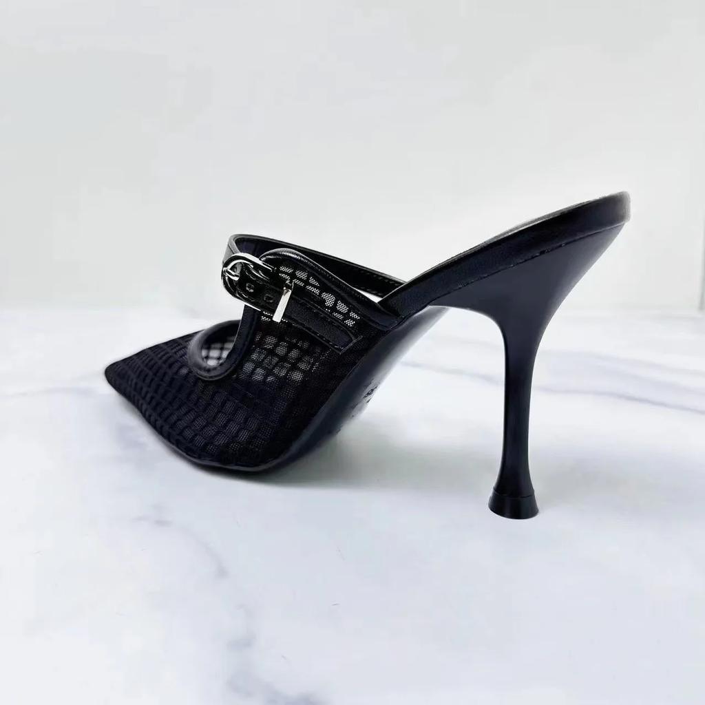 Fashion High Heels Mules Shoes for Laides Sexy Pointed Toe 2025 Summer Stilettos Black Hollow Breathable Mesh Vintage Women's Sandals