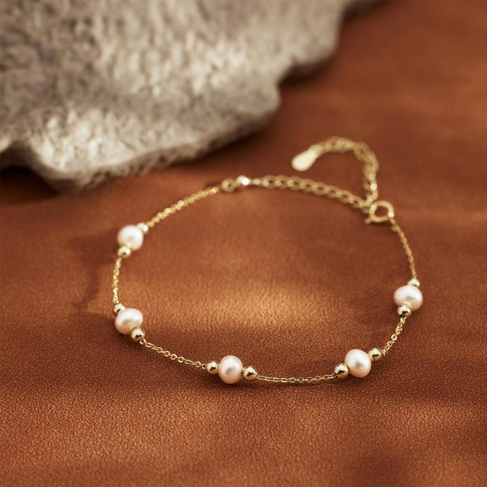 18K Gold Imitation Pearl Bracelet Stainless Steel Clip Gold Bead Chain Simple Fine Commuter Accessories