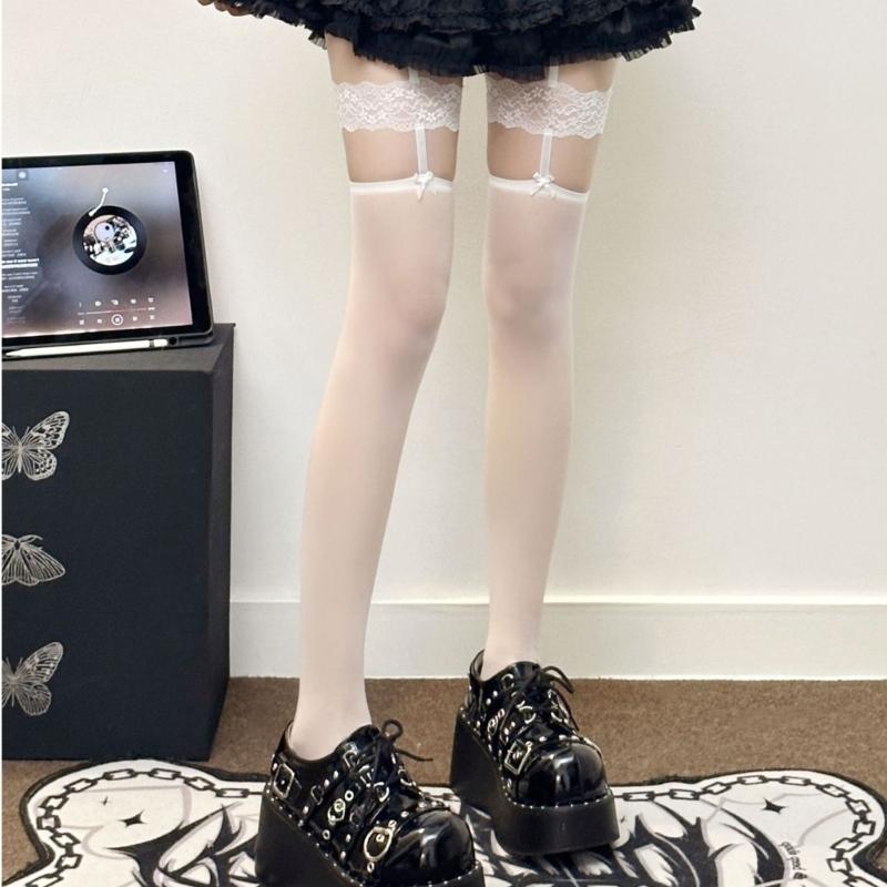 Women Aesthetic Sexy Side Crisscross Hollowed Out Thigh Stockings Tights Goth Rose Flower Patterned Suspender Pantyhose