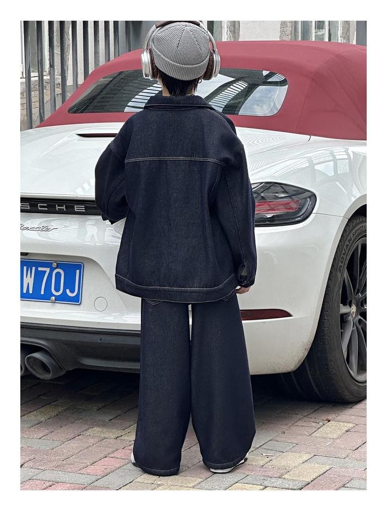 Boys' Preppy Style Denim Two-Piece: Warm Fleece-Lined Coat & Pants - 2025 Autumn/Winter Collection