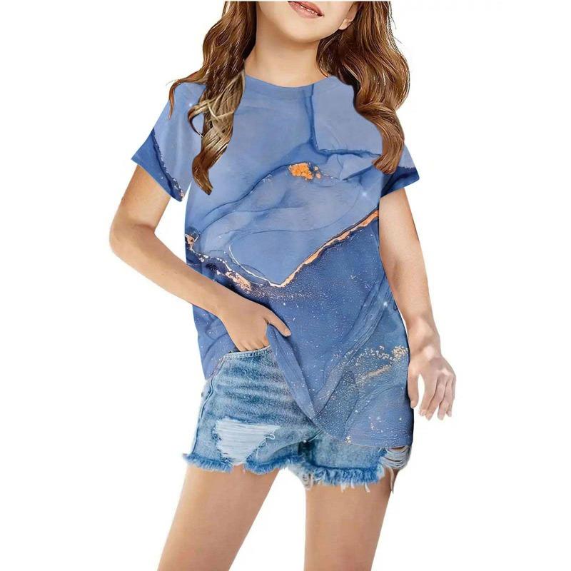 Summer Children's Fashionable Casual Simple 3D Printed Tops Kids Round Neck Pullover Short Sleeved T Shirt
