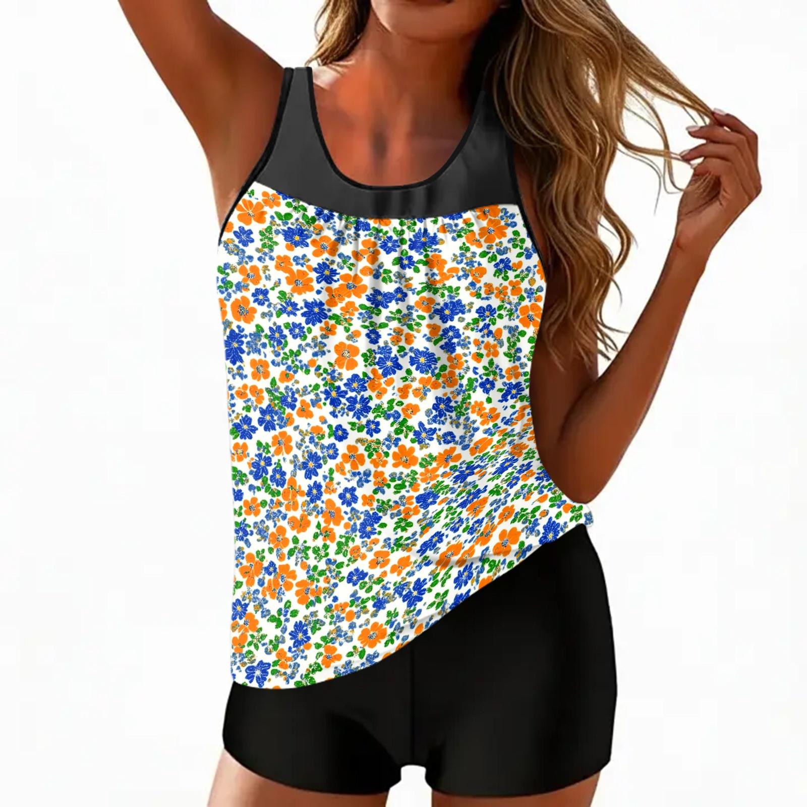 

Women’s Floral Print Tankini Set with Sleeveless Scoop Neck Top and Comfortable Shorts for Casual or Swimwear Use XL оранжевый