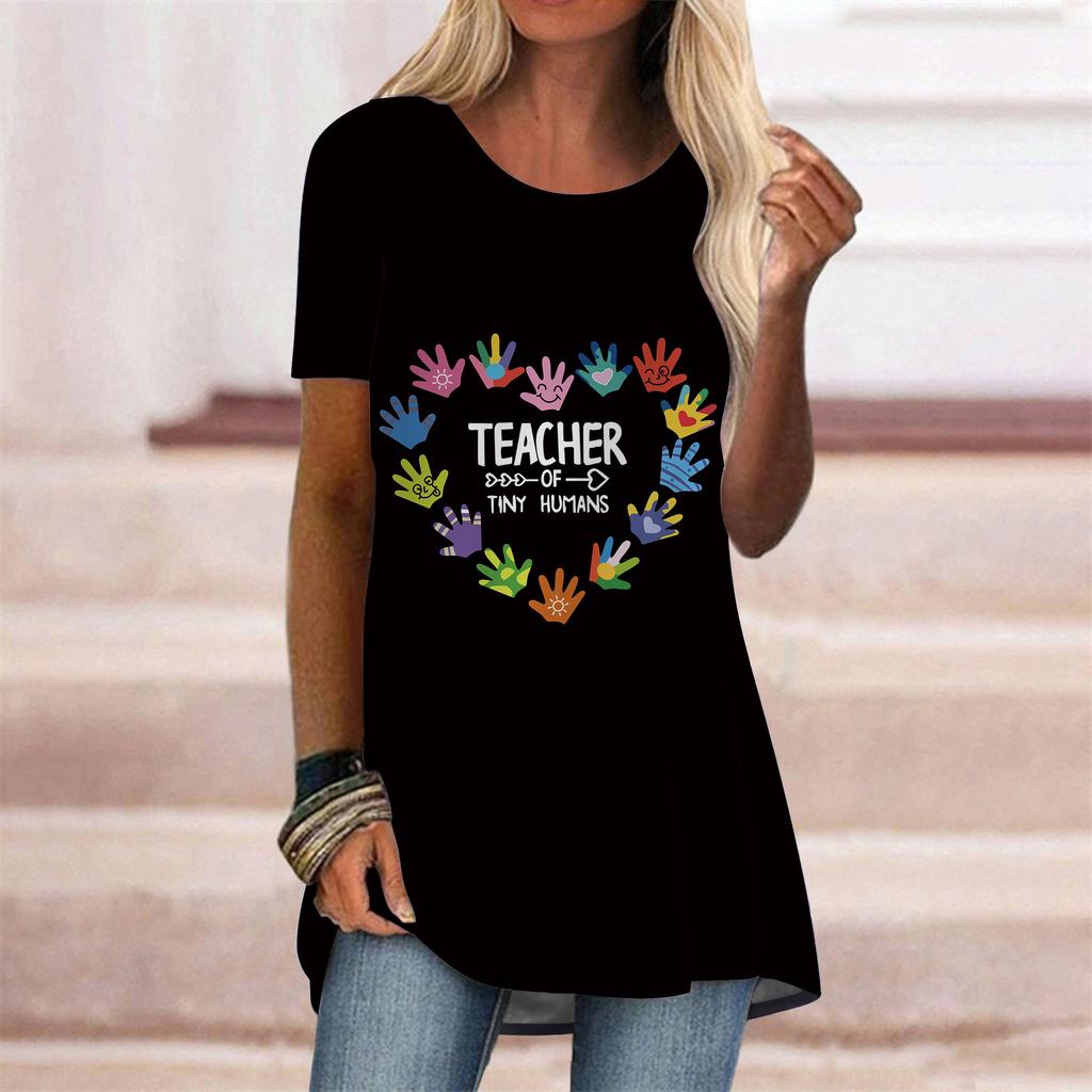 Plus Size Women Summer Love Footprints Printed Comfy Short Sleeve Round Collar T-shirt Casual Baggy Mid Length Tee Tops