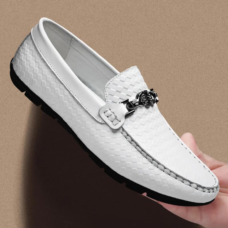 Fashion Summer Genuine Leather Mens Loafers Comfortable Flat Casual Shoes Men Breathable Slip-On Soft Driving Shoes Luxury Moccasins Man
