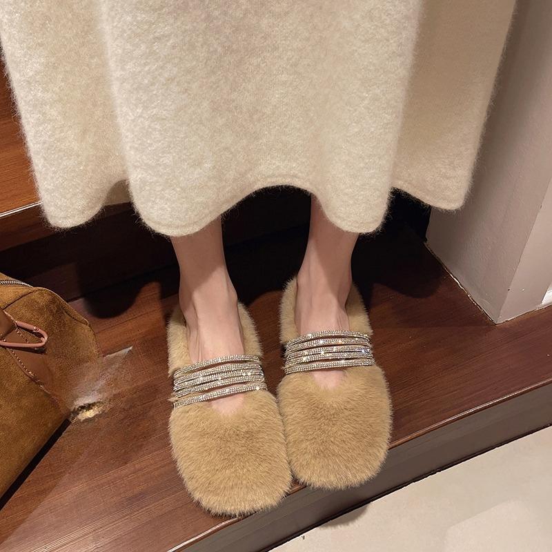 

2026 Autumn and Winter New Outward Velvet Soft-soled Cotton Mop Fashion and Versatile Flat Slippers 35 хаки