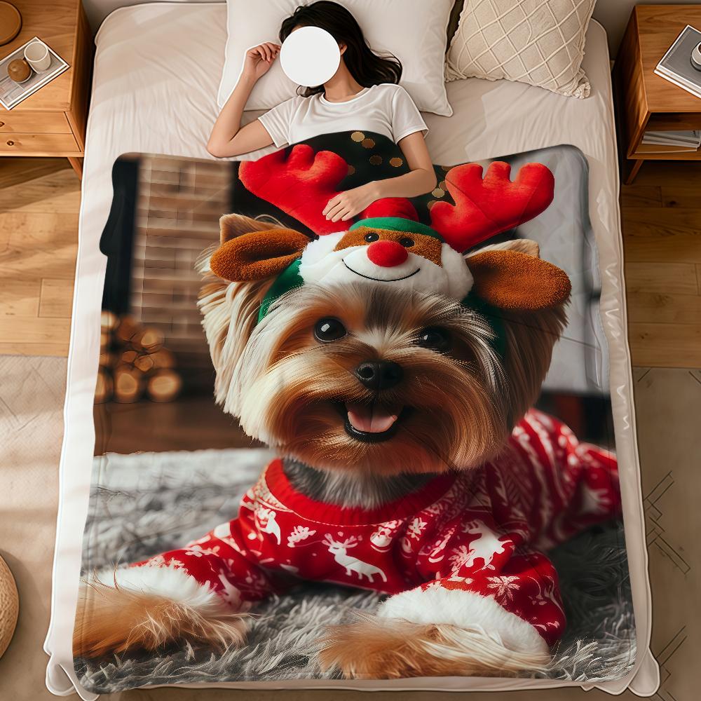 Christmas Holiday Cute dog Yorkshire Terrier soft warm plush blanket dorm sofa living room pet hogar bedroom gift home Flannel
