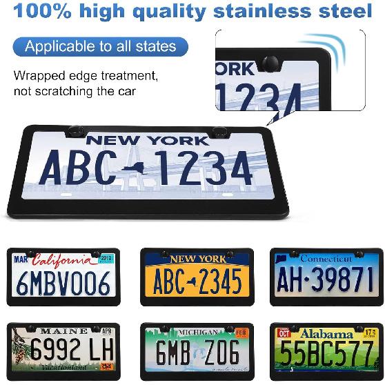 2 Pack License Plate Frames, Stainless Steel Car License Plate Cover Car Accessories With Screw Caps (Black)