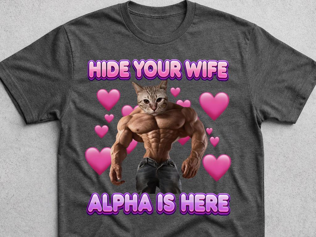 Hide Your Wife Alpha Is Here Cat Funny Shirt, Alpha Male Chad Sigma Cat Muscular Buff Tshirt, Boyfriend Husband Gift, Unhinged Gym Tshirt