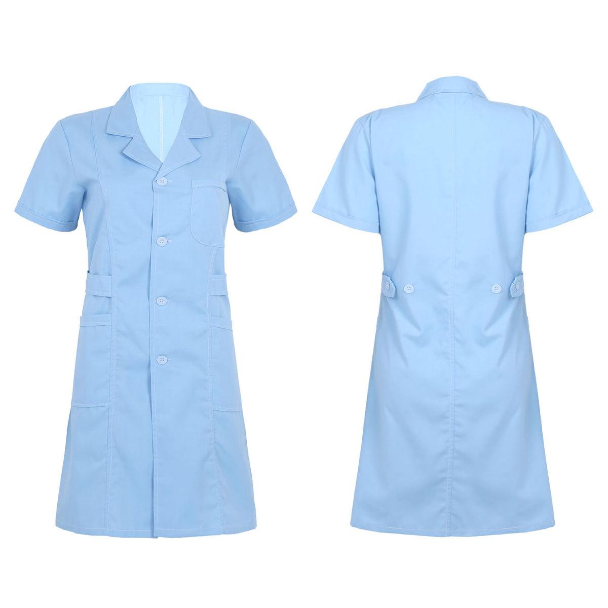 

Hospital Lab Coat Uniform S-XXL for Women Adults - Solid Color Scrub Dress with Lapel Collar Short Sleeve and Button Front