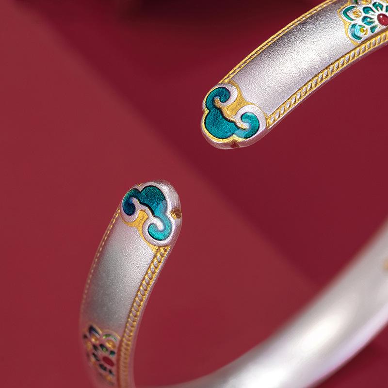 Chinese Ruyi Lotus Enamel Bangle – High-End Five Treasure Design