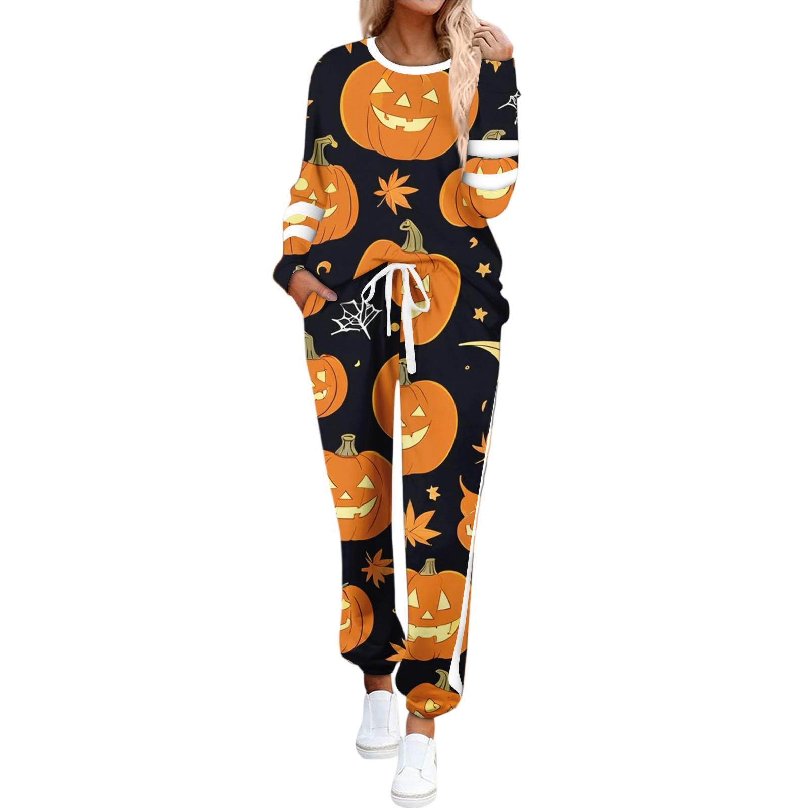 

Women s Round Neck Long Sleeve Suit Halloween Printed Casual Suit Long Pants With Pockets M