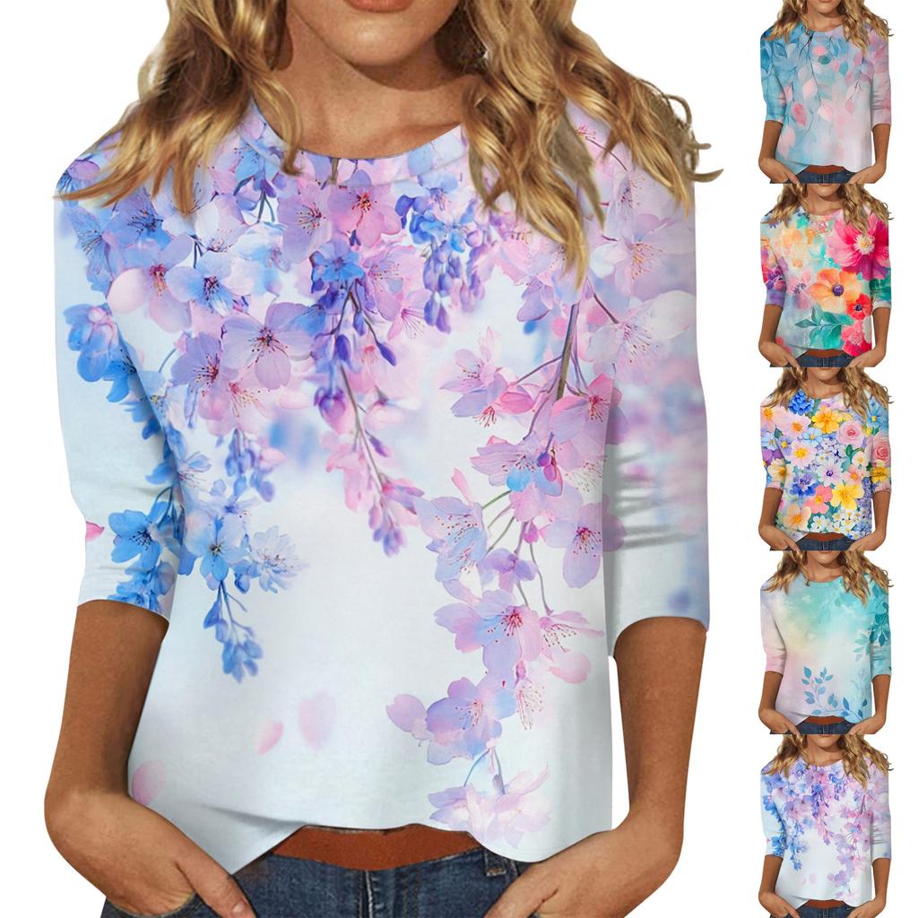 Women's Fashion Casual Round Neck 3/4 Sleeve Loose  Printed T-Shirt Ladies Top