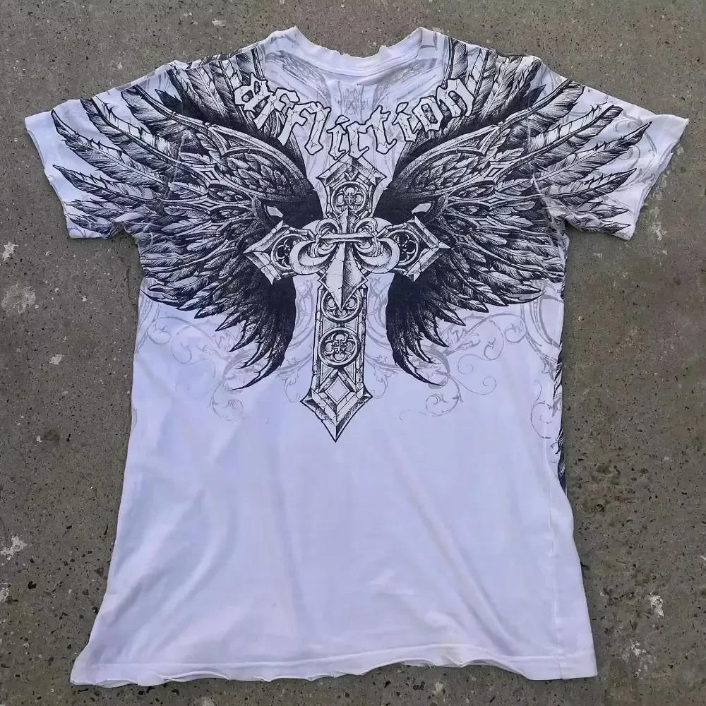 Dark Purple Street Affliction Big wing T shirt Vintage Clothing Punk Hip Hop Graphic Print Oversized tops Men Round Sleeve tee