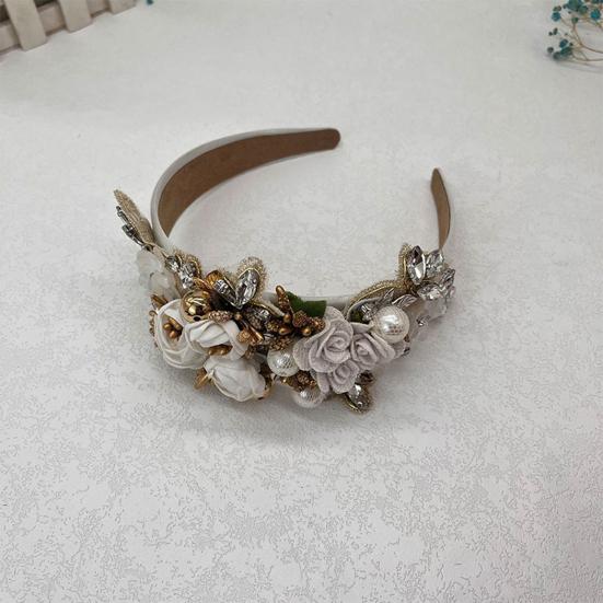 Women Heaband Fake Flower Faux Pearl Shiny Rhinestone Decor Wide Vintage Luxury Anti-slip Colorful Hair Hoop Anti-slip Hair Decoration Accessory