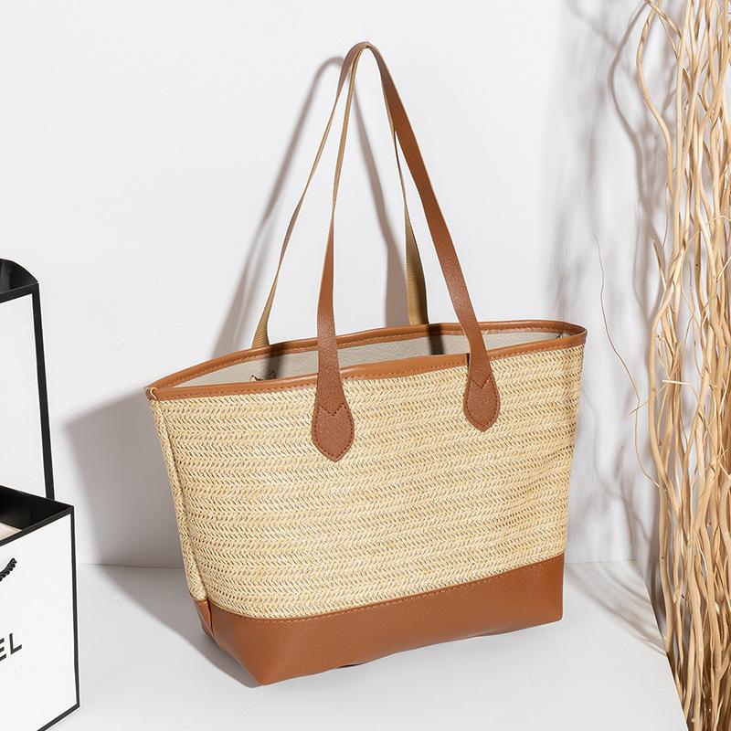 Casual and fashionable straw-woven contrasting color splicing tote women's bag, a new large-capacity light luxury women's bag.