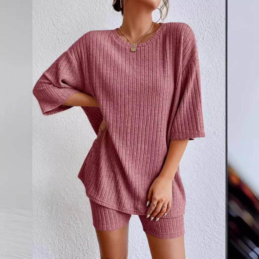 Casual Solid-color Spring Round-neck Loose-fitting Women's Short Pants Set