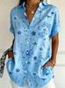 Women's Short Sleeve Watercolor Blue Floral Print Button Down Casual Shirt Elegant Daily Blouse Tops in Beige for Spring Summer