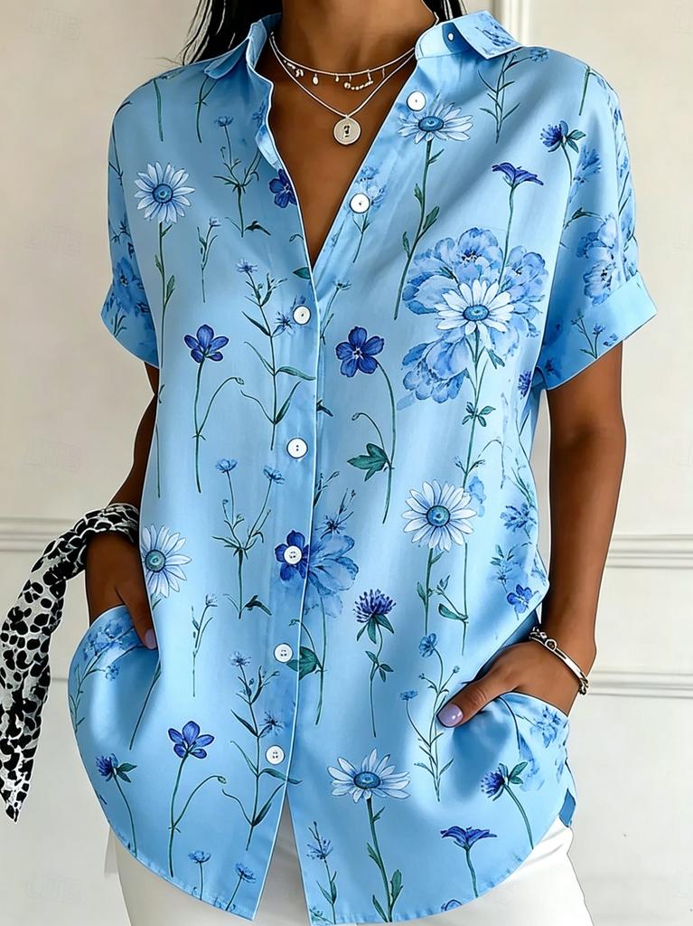 Women's Short Sleeve Watercolor Blue Floral Print Button Down Casual Shirt Elegant Daily Blouse Tops in Beige for Spring Summer