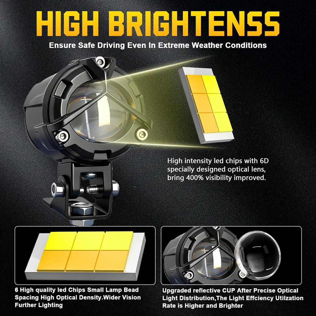 S8 1Pc 20W Motorcycle Spotlight Dual Color Temperature LED Auxiliary Lamp IP68 Waterproof