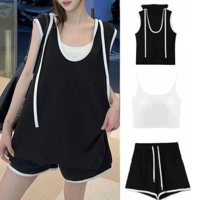 3 Pcs/Set Women Crop Top Vest Shorts Set Ice Silk Contrast Color Hooded Sleeveless Top Elastic Waist Shorts Sport Outfit