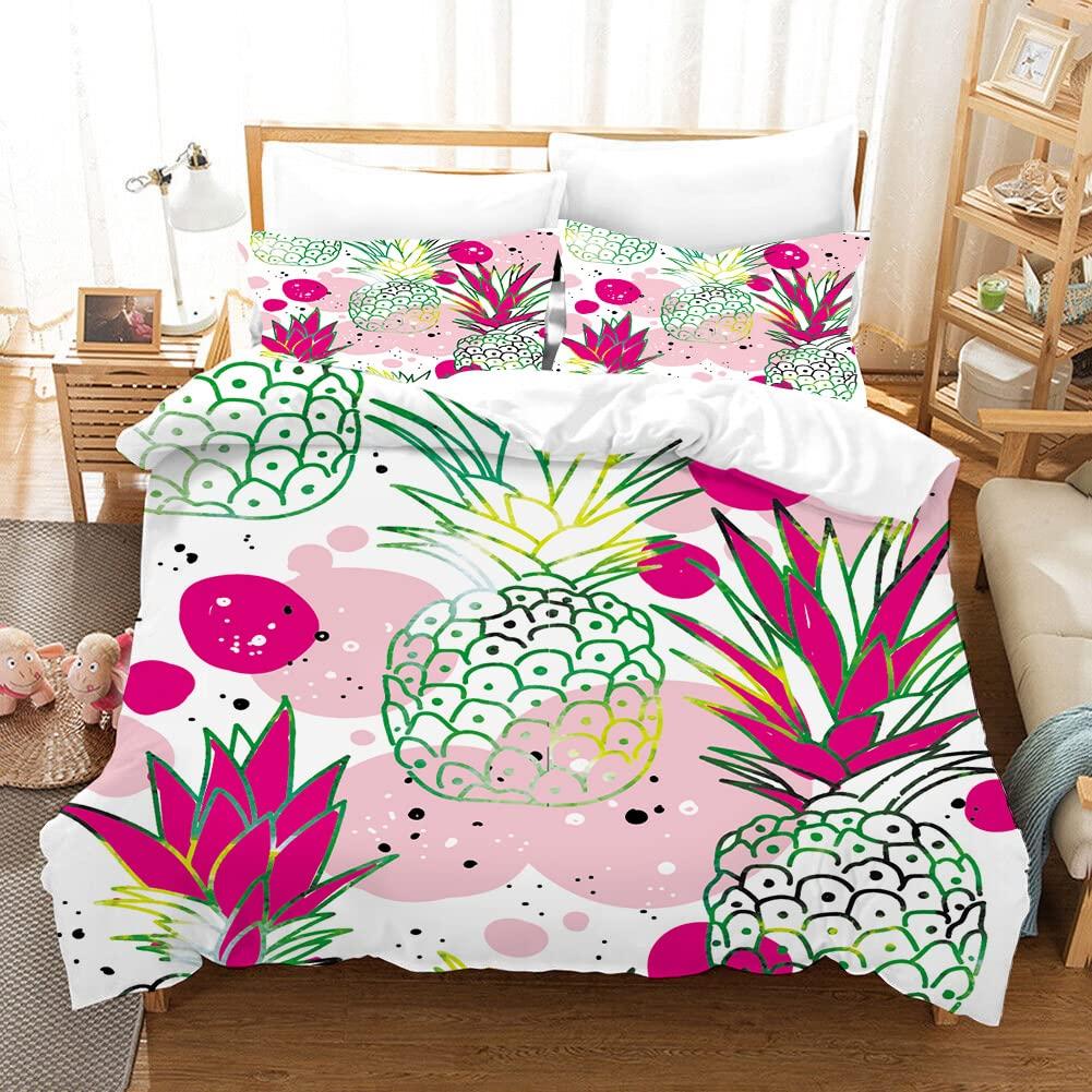 Funny Pattern Pineapple Bedding Set Decor Quilted 3 Piece Cover Set With 2 Pillow Shams, Twin Full Queen King Size Room Decor