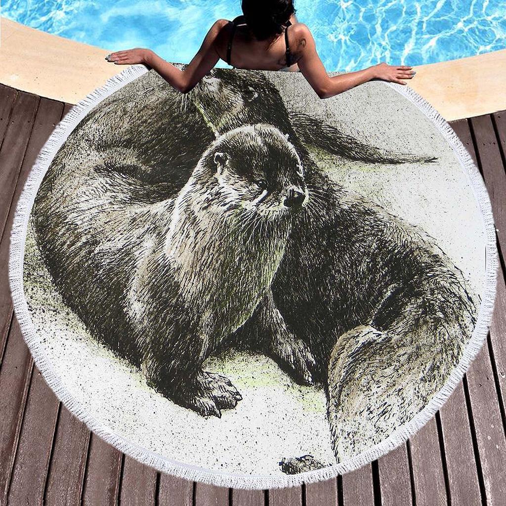 Seeotter Rundes Strandtuch mit Quasten Mikrofaser Saugfähig Schnelltrocknend Sandfrei Picknickdecke Meditationsmatte Schwimmbadhandtuch