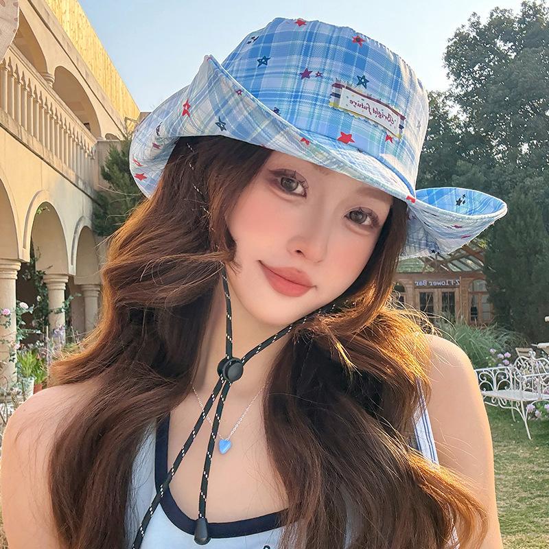 Retro color matching plaid bucket hat summer light big brim sun protection sun hat outdoor versatile face covering sun hat