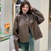 New Fashion Women's Leather Jacket Round Neck Zipper Style Casual Retro Commuter High End Luxury Motorcycle Short Leather Coat