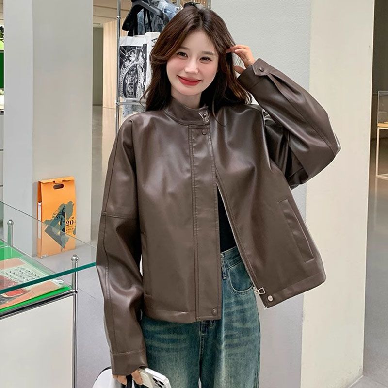 New Fashion Women's Leather Jacket Round Neck Zipper Style Casual Retro Commuter High End Luxury Motorcycle Short Leather Coat