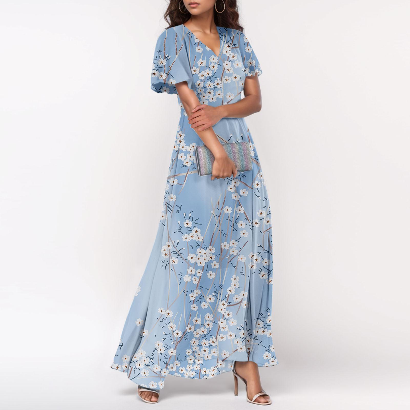 

Женские летние платья Повседневные платья макси с короткими рукавами Милые макси-платья с цветочным принтом Платья для гостей свадьбы Шифоновые струящиеся платья XXL