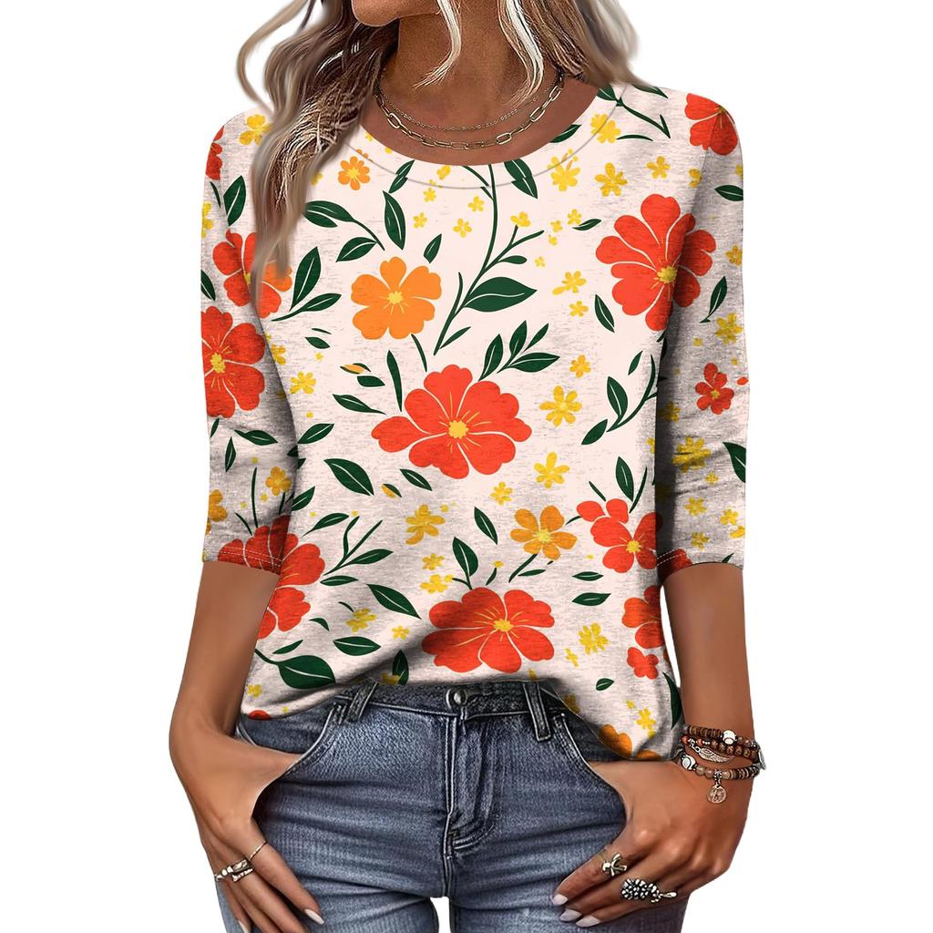 Damen Lässiges Blumenmuster Oberteil Dreiviertelarm Rundhals Bluse Leicht Bequeme Passform Stilvolles Design