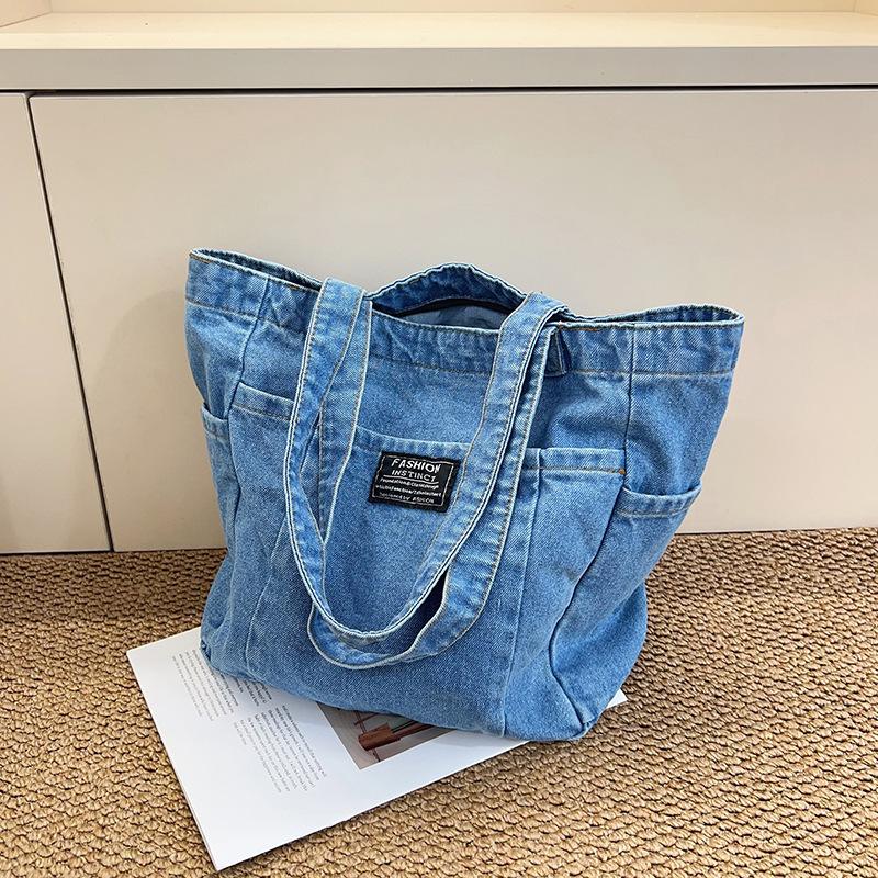 Vintage Washed Denim Shoulder Bags for Women Large Capacity Simple Ladies Tote Bag Casual Versatile Thread Design Female Handbag