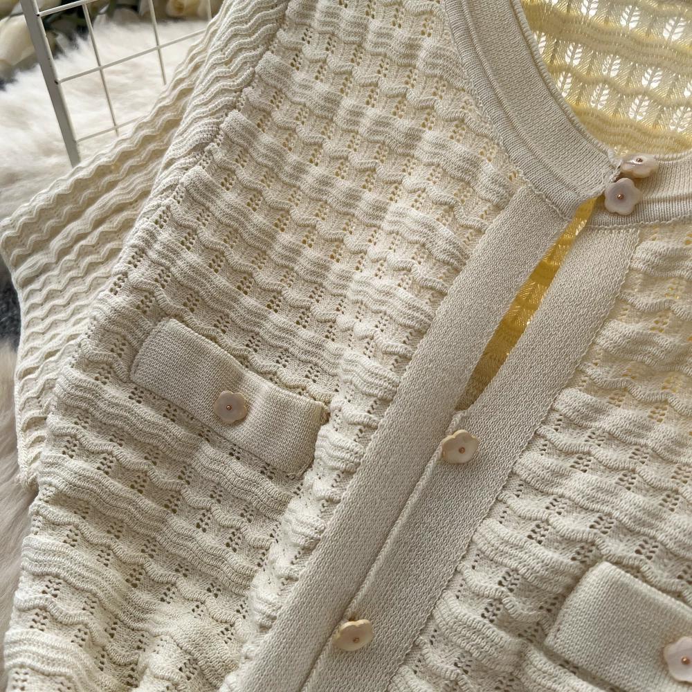 Summer Autumn Knitted Sweater Dress for Women Fashion Short Sleeve Single-breasted Hollow Out Elastic Simple Prom Dresses