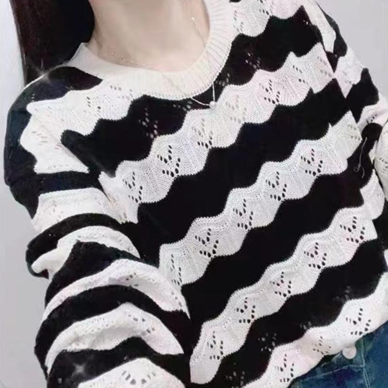 

Трикотажная женская рубашка в полоску с длинными рукавами, большого размера, модная, свободная и универсальная M чёрный