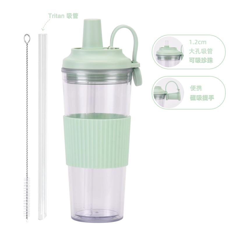 

710 мл Двухслойный пластиковый стакан с соломинкой, Стакан для бабл-ти с присоской, Портативная магнитная ручка с пояском, Стакан для воды 710ml светло-зеленый