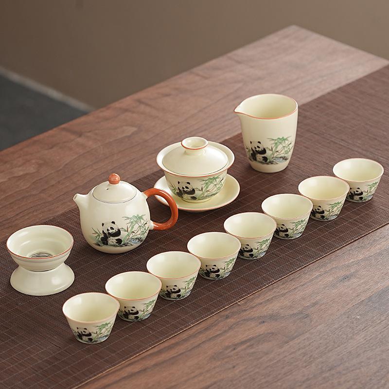 Panda tea set Huang Ru kiln complete set can be opened ceramic tea with tea tray