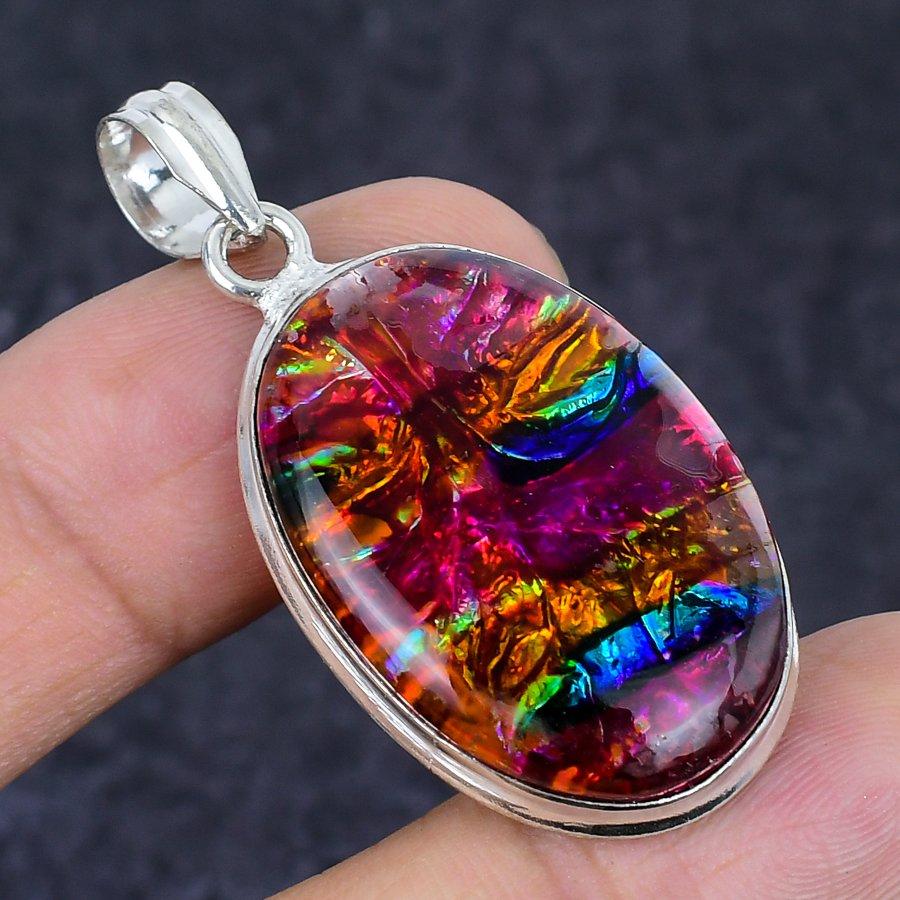 Dichroic Glass Gemstone Handmade 925 Sterling Silver Jewelry Pendant 1.93" d3c69