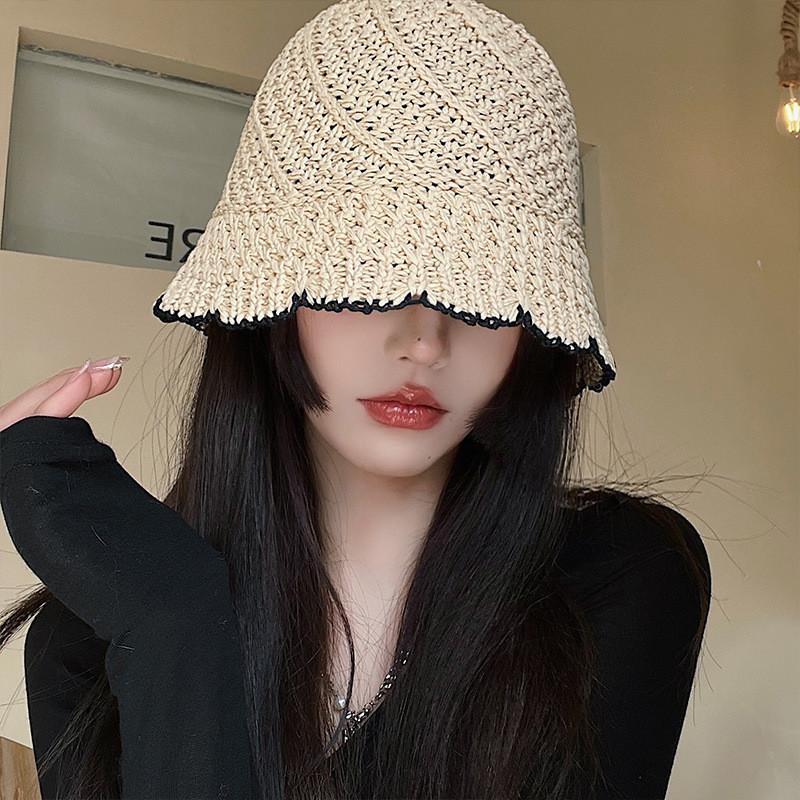 Chic Round Top Wide Brim Fisherman Hat Women Sun Hat Korean Hollow Out Breathable