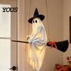 Playful Ghost Face Decoration Halloween Hanging Outdoor Decoration, Spooky LED Light Up Witch Warm Yellow Decor on Broom for Home, Tree, Porch, Patio,