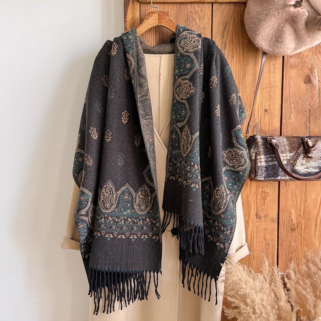 Fashion Women'S Winter Warm Cashmere Shawl - Vintage Floral Oil Painting Printed Tasseled Pashmina Thick Wrap