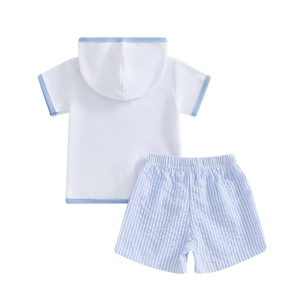 Toddler Boy Girl Beach Cover Up Set Short Sleeve Zipper Hood Tops with Stripe Print Shorts Outfit