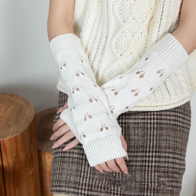 Solid Color Stylish Hollowed Out Fingerless Knitted Gloves Girl Crochet Long Hand Sleeves Warm Arm Covers Lady Elbow Mittens